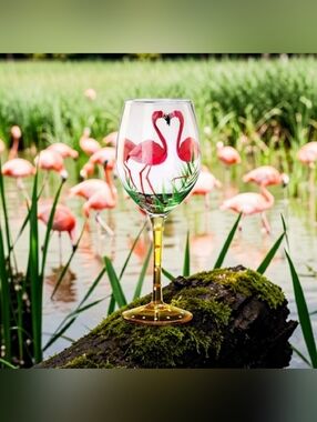 (1)One Single Pink Flamingo Green Foliage Wine Glass 8-3/8”Artisan Hand Painted.